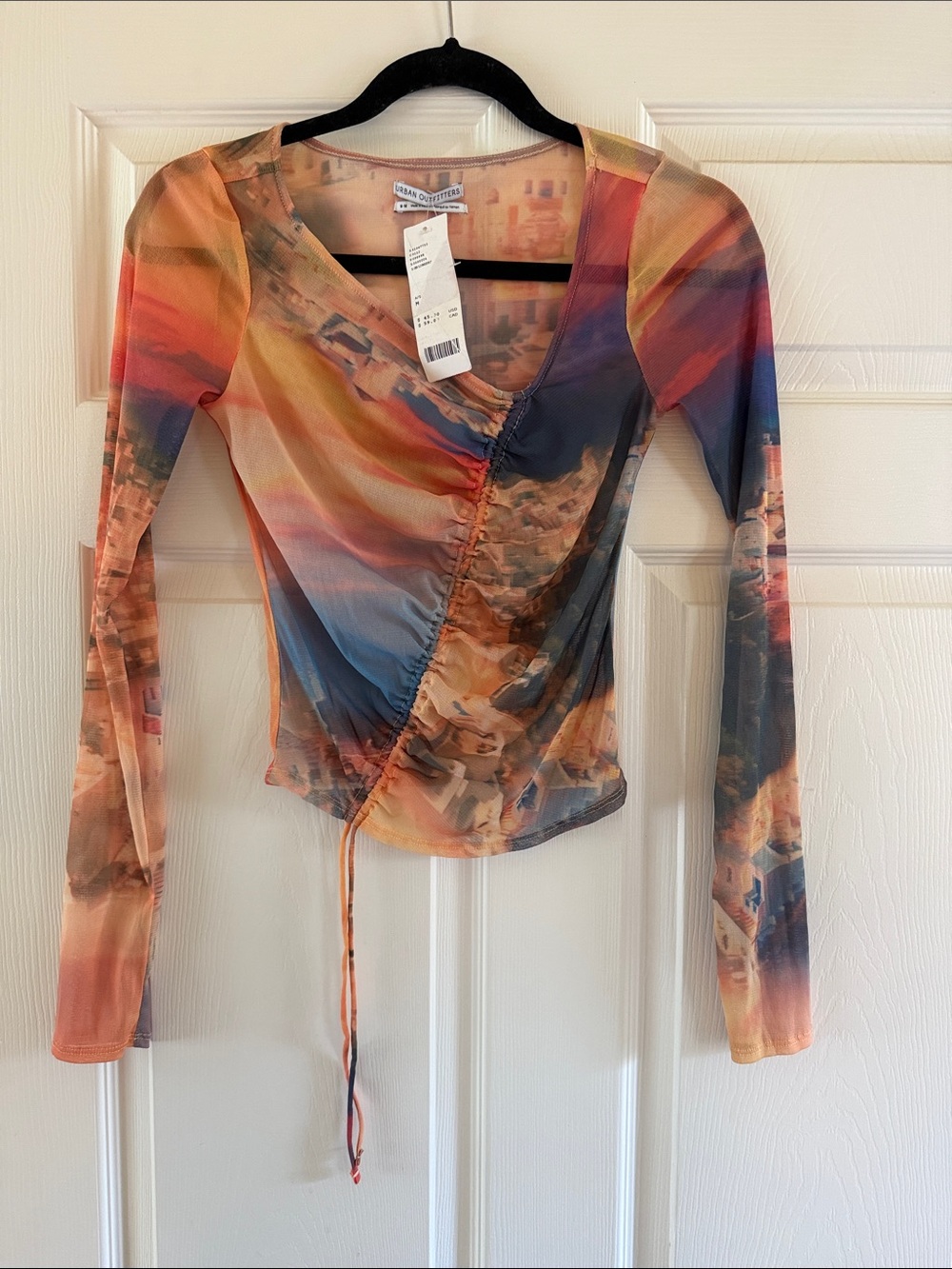 Urban Outfitters Sunset Multicolor Ruched V-Neck Mesh Long Sleeve Top